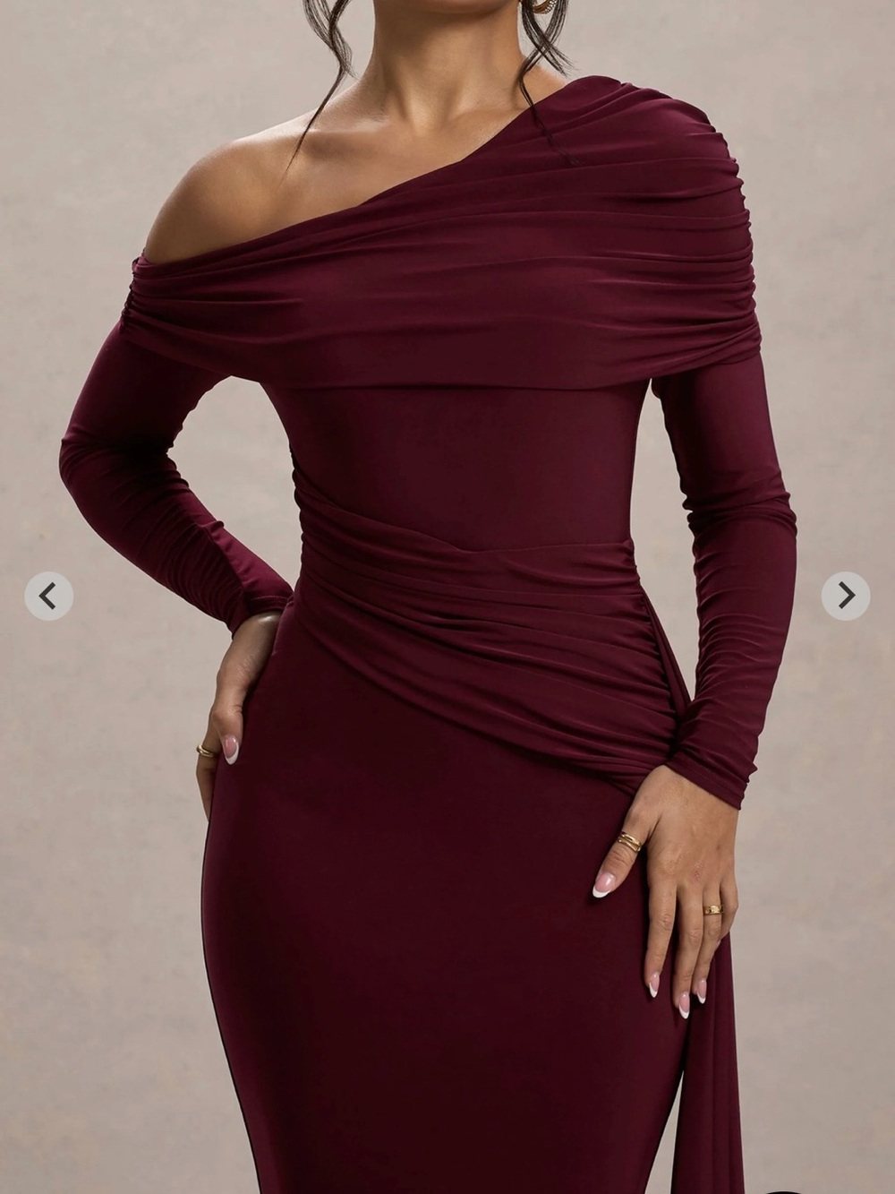 Club L London Wine One-Shoulder Ruched Evening Gown - Picture 2 of 6